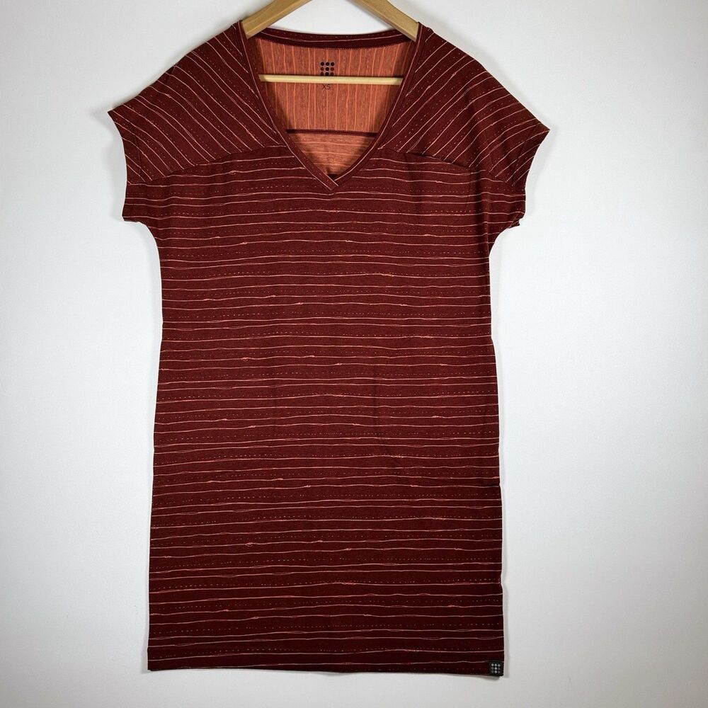 Title Nine Dress Women Extra Small Red Orange Stripe Short Sleeve Stretch Tencel